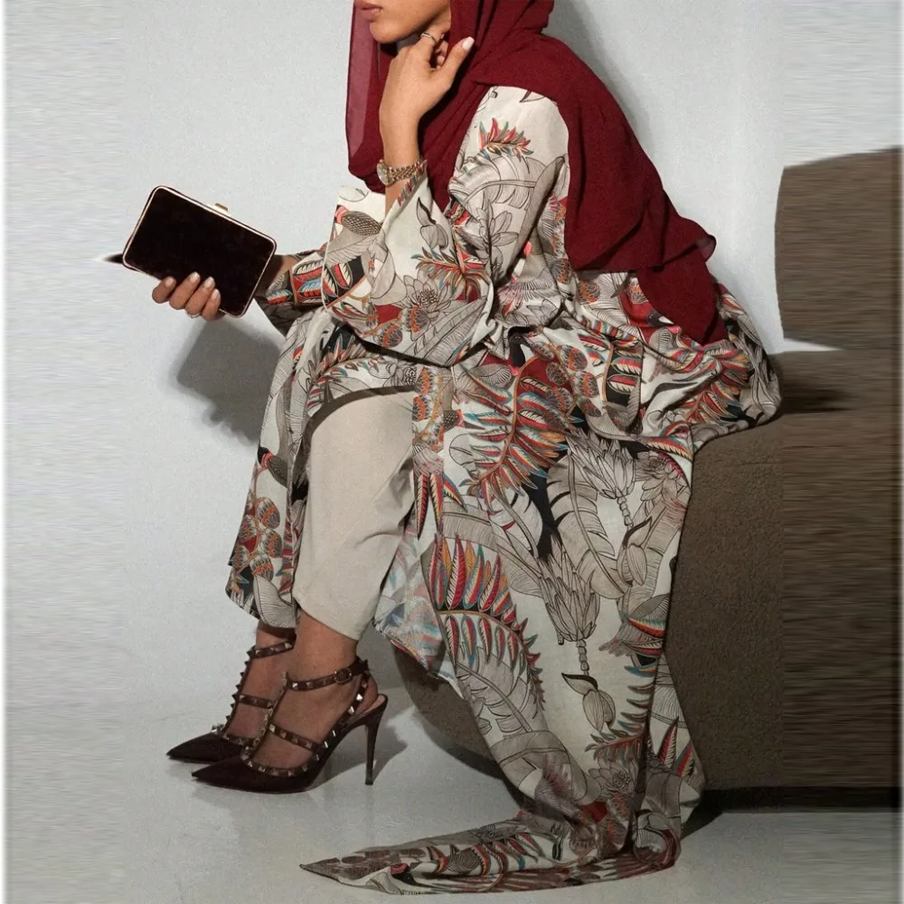 

Middle Eastern Loose Printed Floral Abaya Muslim Full Sleeve Open Front Abayas Women Jilbabs Islamic Maxi Dresses Turkey Kaftans