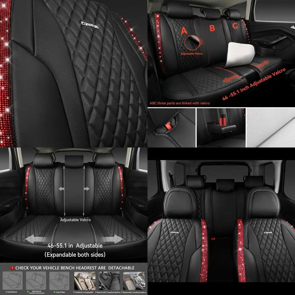 

Чехлы на сиденья из кожи Nappa Bling Diamond, черный, красный, полный комплект, водонепроницаемая, из телячьей кожи, сверхпрочная, противоскользящая, универсальная, для 95% авто