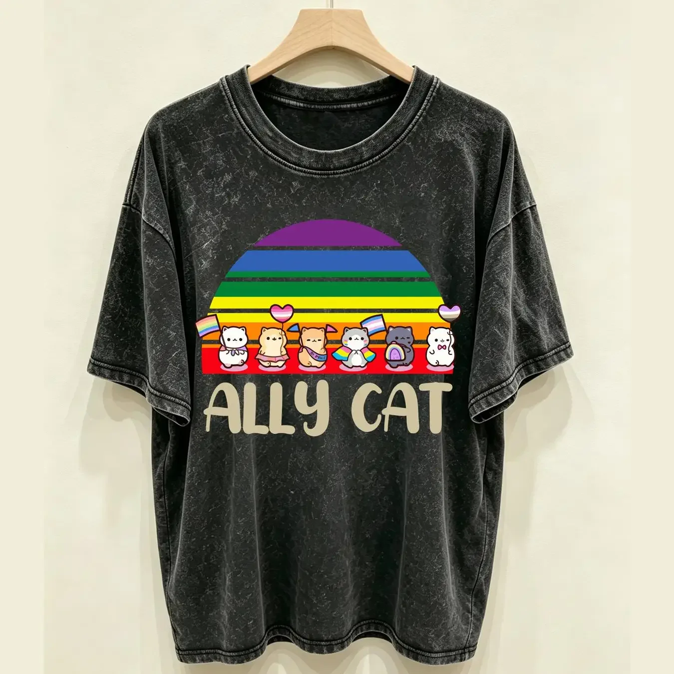 washed T Shirt Pride Ally Cat Retro Rainbow Funny LGBT s Love Is long or short sleeves vintage Washed Soft Casual streetwear