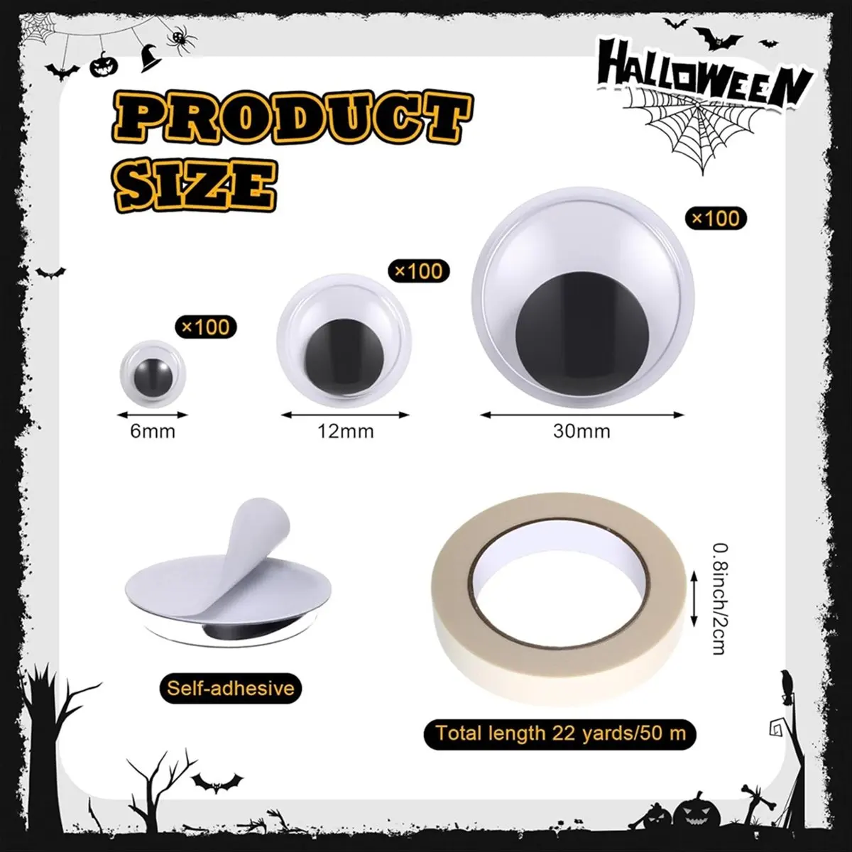 Budget-Friendly-5 Rolls Halloween Masking Tape Decoration and 300 Pcs Black -Googly Eyes Self Adhesive 6mm 12mm 20mm for DIY Cra