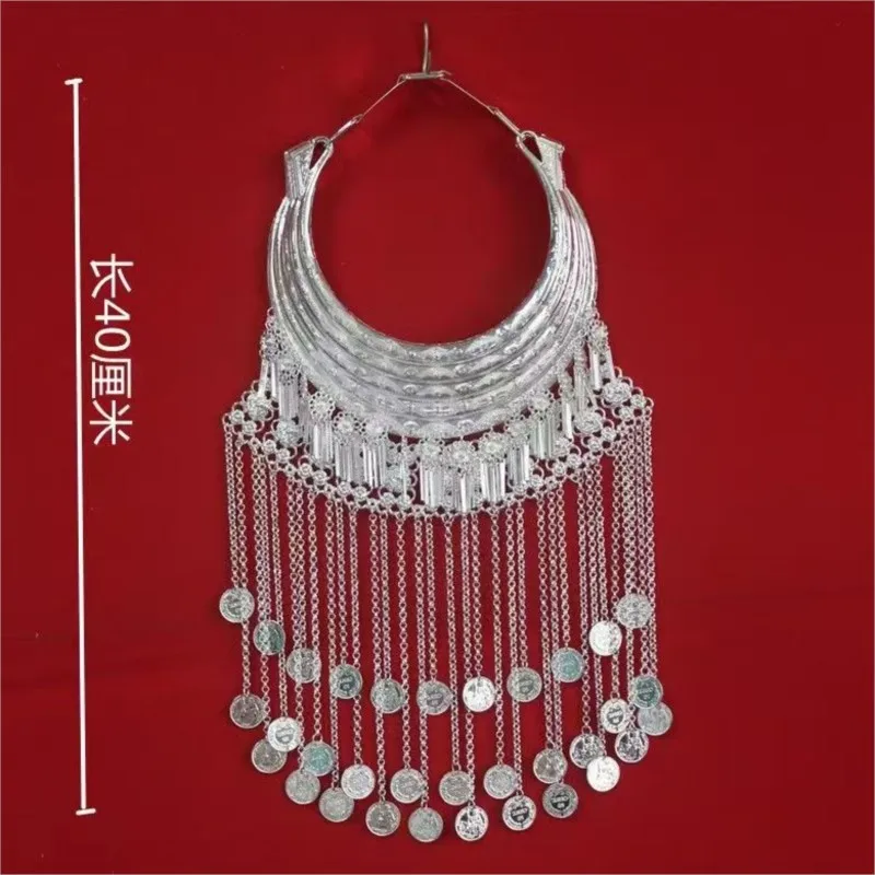 Miao Silver Necklace Chinese Traditional Vintage Large Collar Dance Costume Jewellery Tassel Accessories Hmong Wedding Necklace