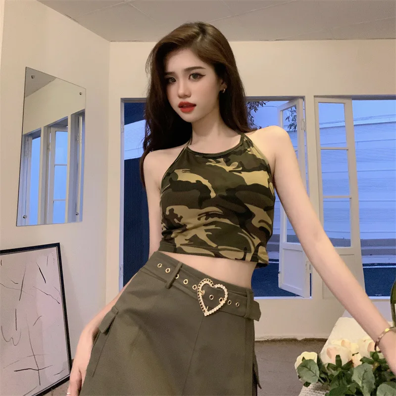 

Fashion Camouflage Pattern Hottie Sexy Halter Camisole Summer Short Pullover Hanging Tie Exposed Navel Vest Sleeveless Top