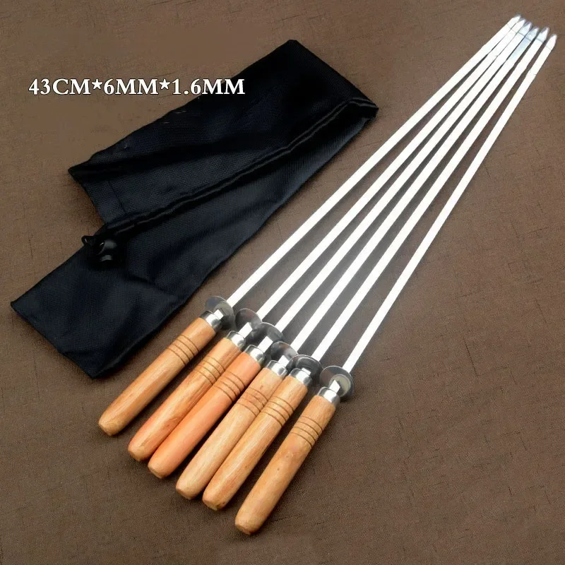 

16.92''43cm Barbecue Grill Needle Tools Eucalyptus Wood BBQ Skewer Long Barbecue Skewers Shish Kebob Skewers BBQ Flat Fork 6Pcs