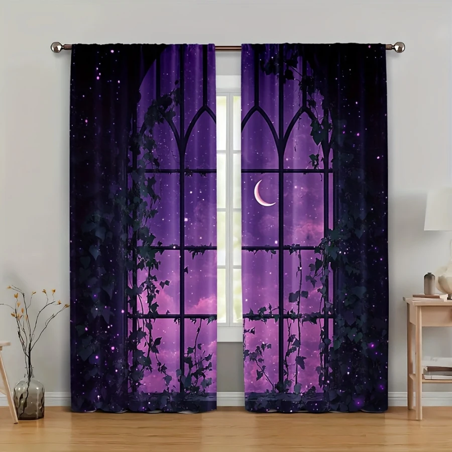2PCS Digital Printed Curtains, Purple Gothic Arch Window Ivy Moon Stars, Magical Witchy Castle Night View Window Decor Room