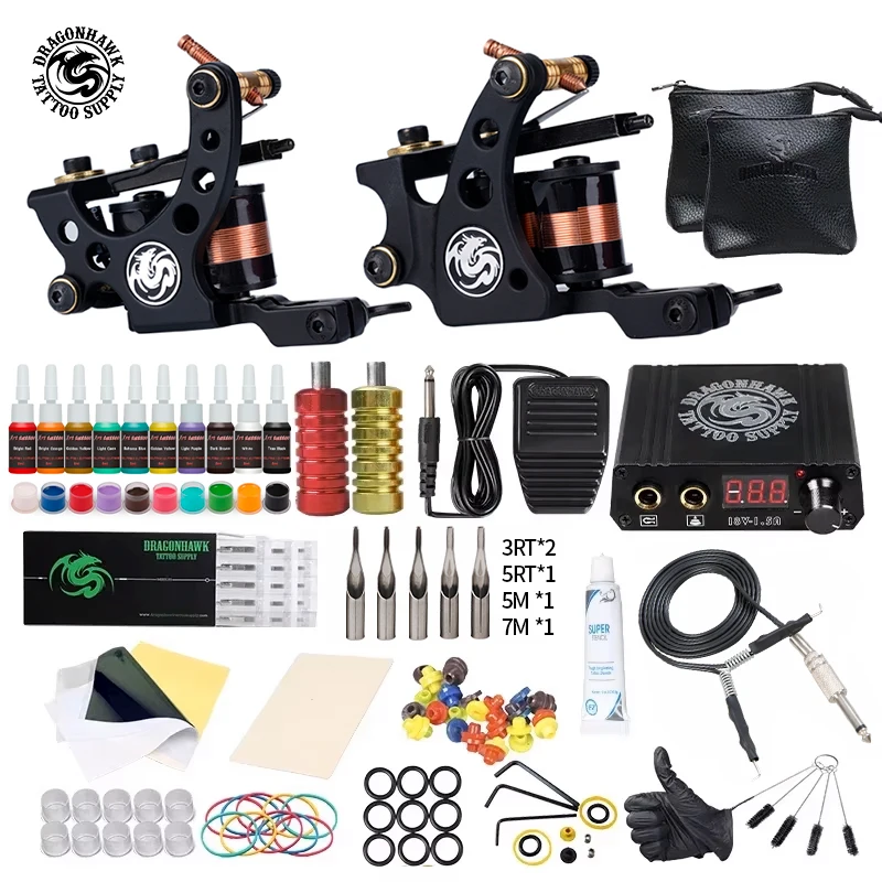 Dragonhawk Coils Tattoo Machines Kit Complete Power Supplies Body Arts Supplies Tattoo Supplies Ink Set Tattoo Kit Professional