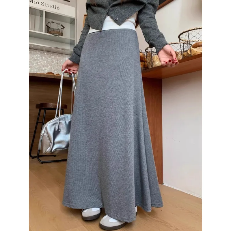 Korean Solid Color All Match Mid-length Skirt Women 2024 Autumn New Streetwear High Waist Loose Casual A-line Skirt