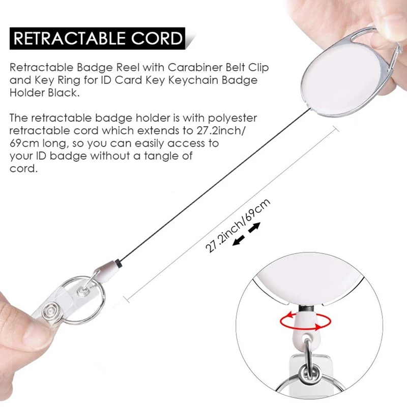 FULL-Retractable Badge Holder With Carabiner Reel Clip And Key Ring For ID Card Key Keychain Holders Black 10 Pieces