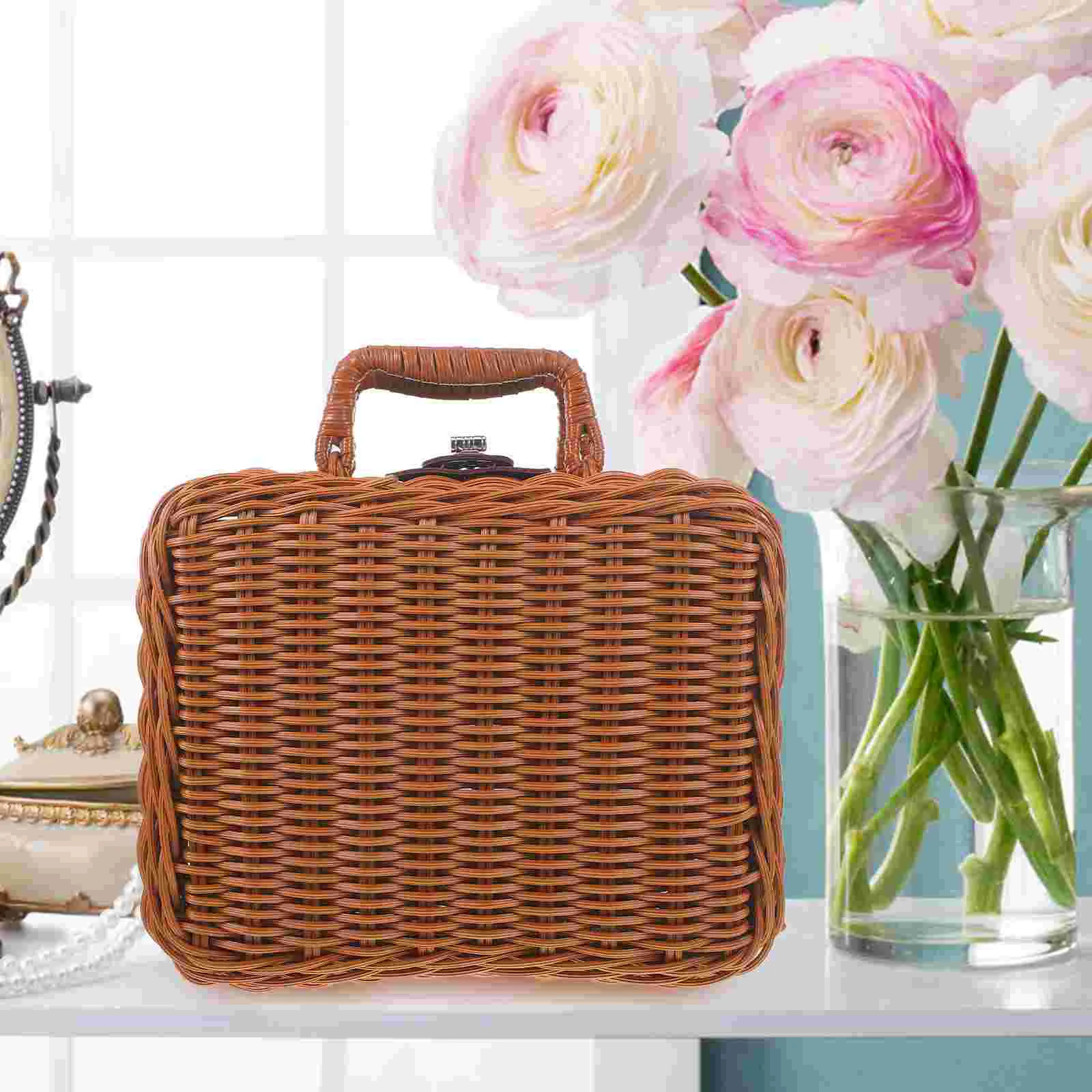 Storage Bins Imitation Rattan Box Handwoven Suitcase Decorate Wicker Picnic Basket Retro Decorative Office