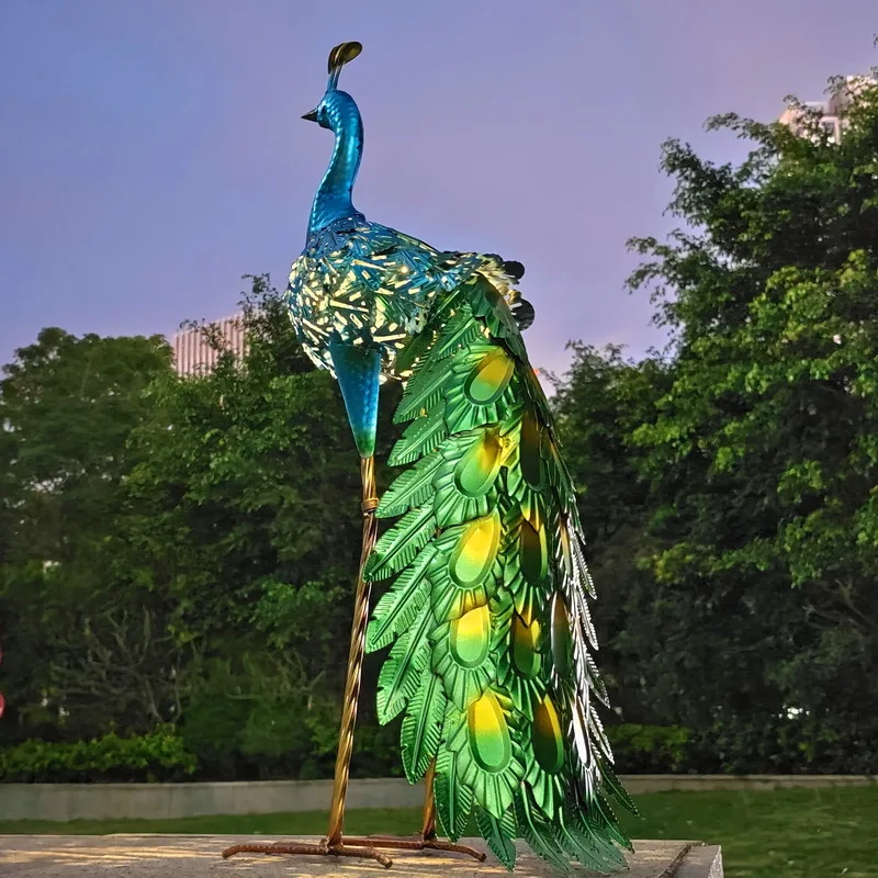 

Outdoor lawn wrought crafts solar light tail peacock blue green animal ornaments