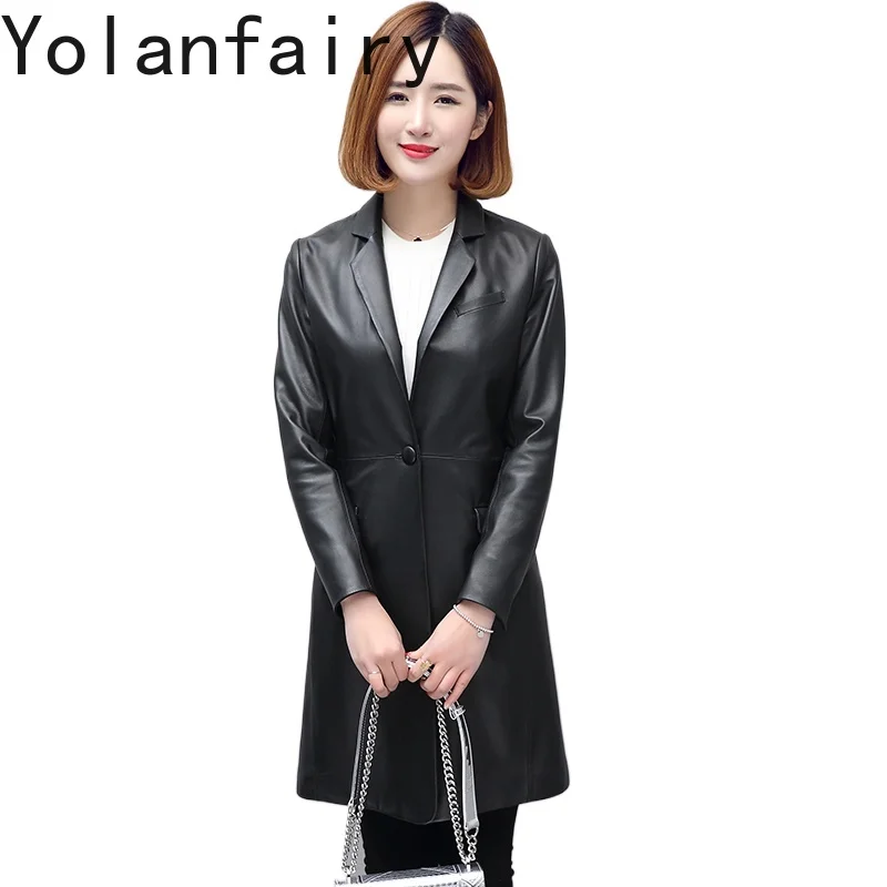 YOLANFAIRY Real Sheepskin Leather Trench Coat Women Spring Autumn Mid-length Genuine Leather Jacket Woman Suit Collar Slim Coats