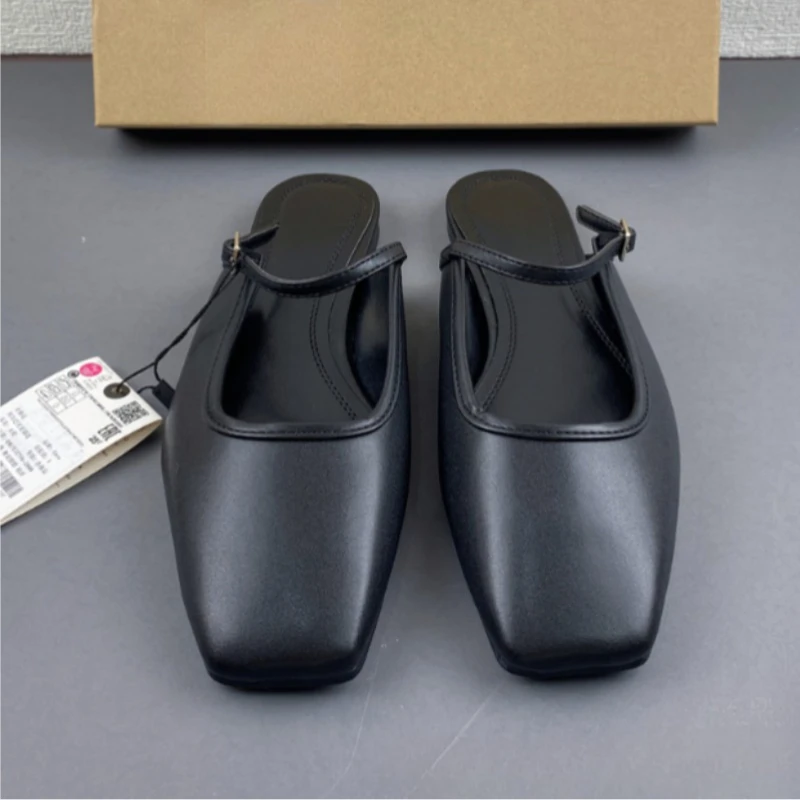 New Women Flats 2025 Square Toe Buckle Strap Breathable Mules Satin Leisure Slingbacks Chic Fashion Designer Shoes for Ladies