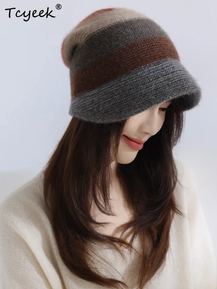 Autumn Winter Versatile Hats 100% Cashmere Hat Women Elastic Duckbill Cap Warm Beanies Leisure Stacked Cap Knit Outdoor Headgear