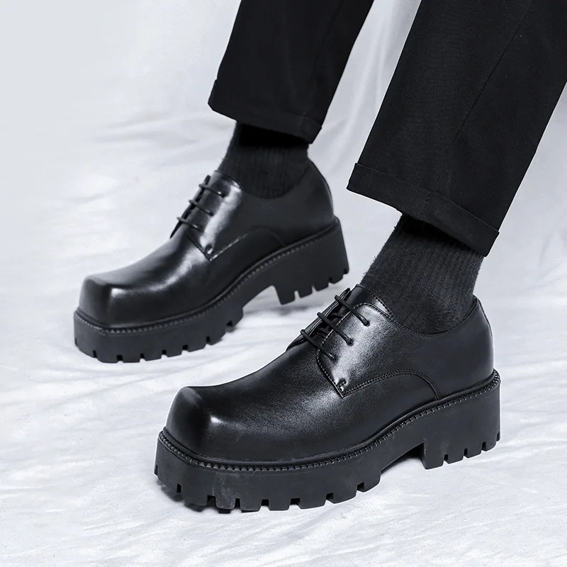 

men casual business wedding dress shoes black platform derby shoe square toe genuine leather sneakers gentleman footwear zapatos