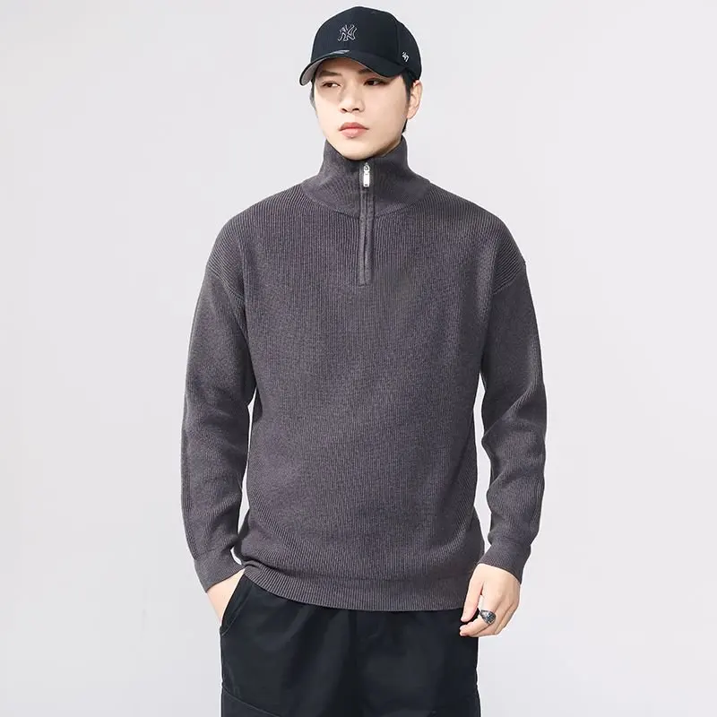 

Осень-зима, водолазка, винтажный свитер, мужской воротник-стойка на молнии, свободный повседневный модный пуловер, вязаный свитер, мужской джемпер, топы