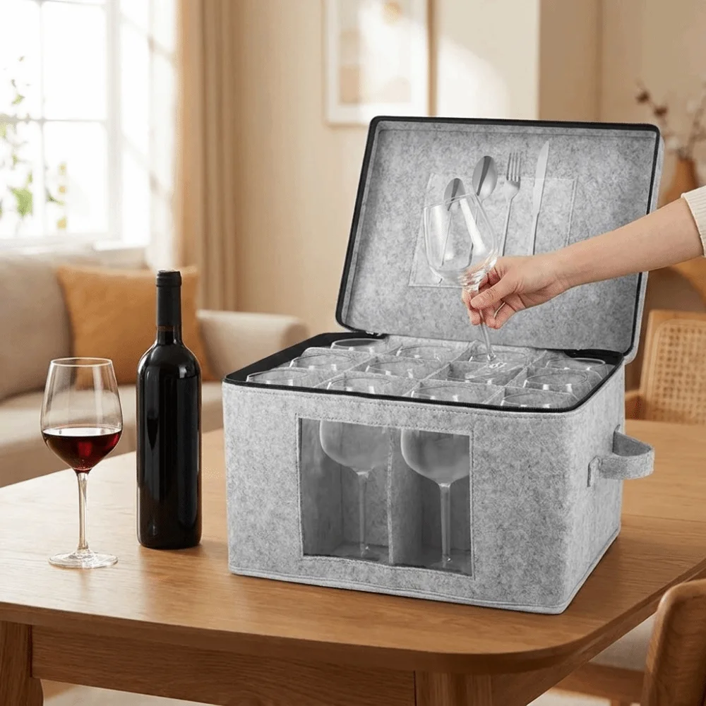 Felt Wine Glass Storage Box Dust-proof Folding Stemware Storage Container Hard Shell with Lid Glassware Packing Box for Travel