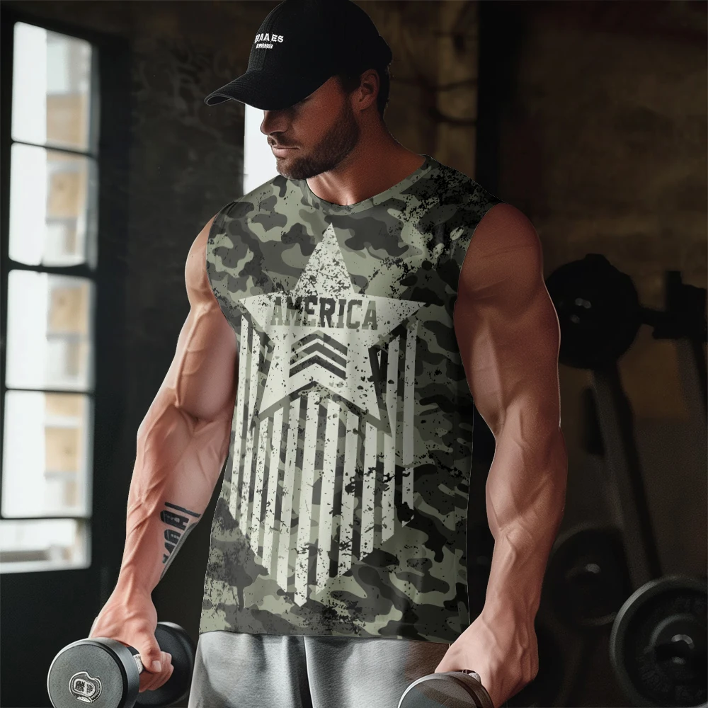 

Камуфляжная армейская зеленая повседневная майка с принтом для спортзала, жилет без рукавов с тонким шлейфом, молодежный Мужской спортивный жилет для фитнеса
