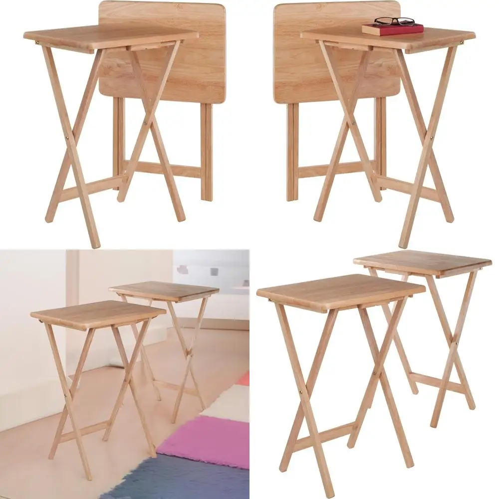 2-Piece Lacquered Wooden Snack Table Set: Foldable Rectangular Tray Tables for Snacks Beverages Books and More