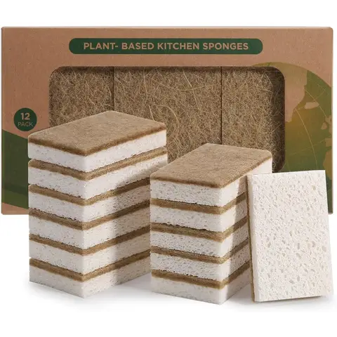 Natural Sponges for Dishes 12 Pack - Keep Soap Biodegradable Kitchen Sponge Compostable Coconut Scrubber