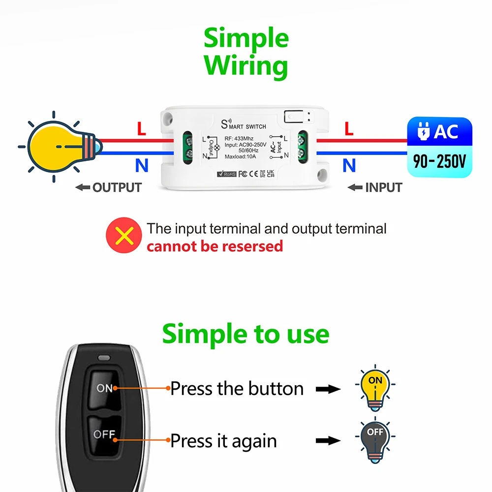 Universal Wireless Remote Control Switch AC 110V 220V 10A RF433MHz Mini Relay Receiver,50 Meters Transmitter,for Lamp Fan ON/OFF