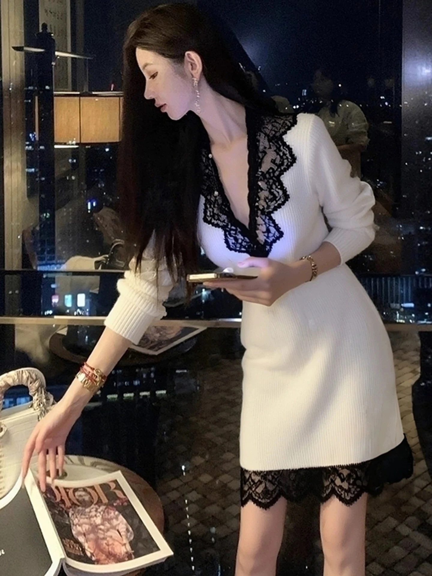 

Ele Lace Splice Knitted Dr Women's Faion Spring High-End Lady Personali ature Fraance Sle White Dr