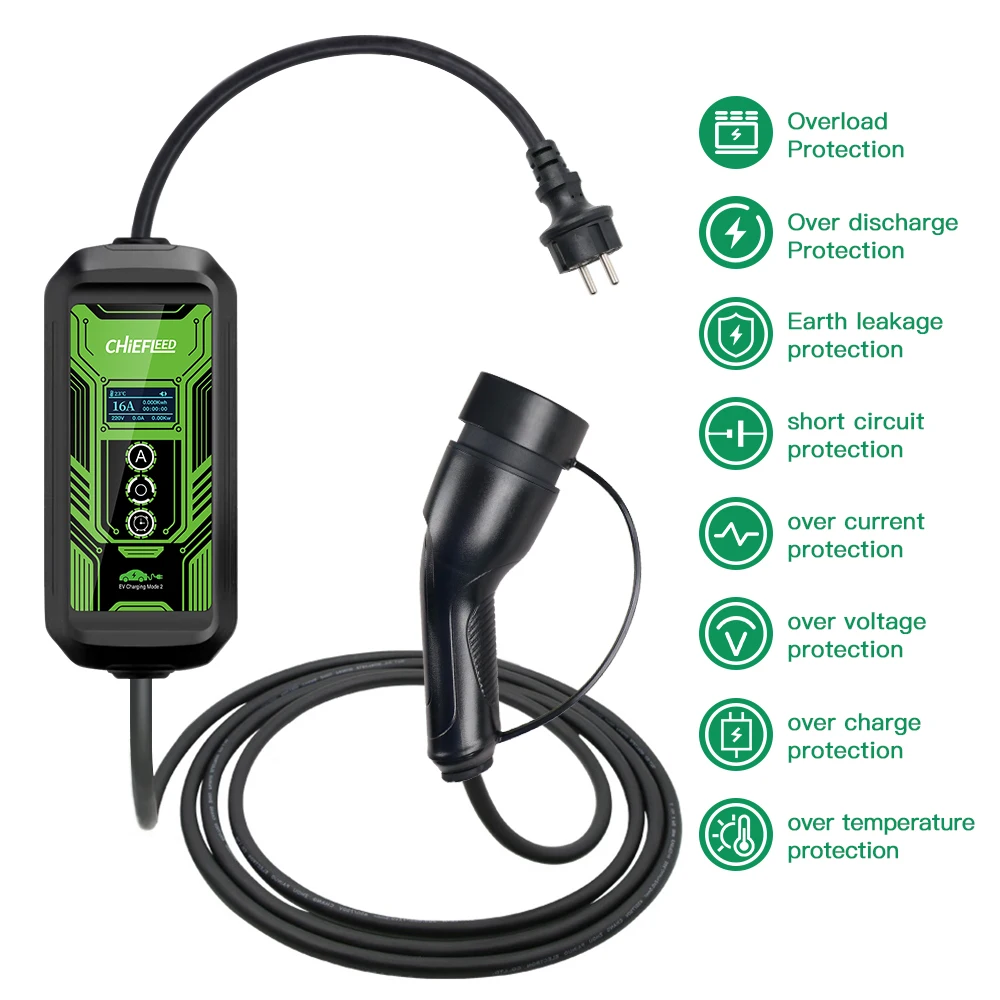 Chiefleed 16A 3.6kw Type2 EV Charger Schuko Plug 16A Adjustable 5m 220V~250V Smart Button IP67  Fast Charge