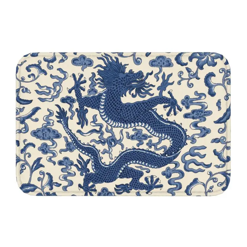 Custom Blue Indigo Chinoiserie Chien Dragon Doormat Mat Anti-Slip Oriental Style Bathroom Kitchen Garden Rug Carpet 40*60cm