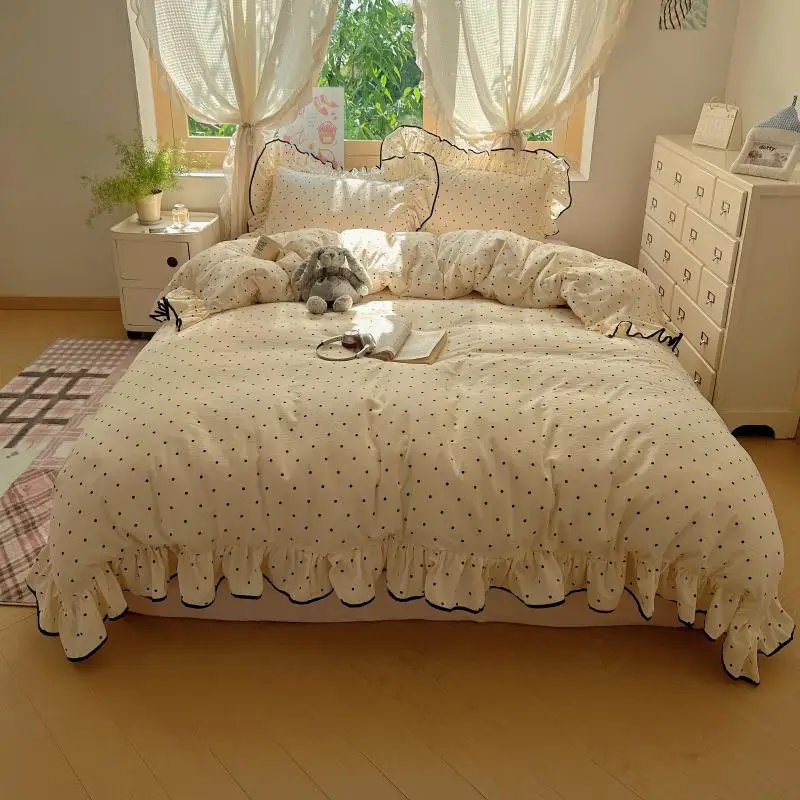 3/4Pcs Korean Princess Style Polka Dots Bedding Set Single/Double Bed Ruffles Duvet Cover Pillowcase Comfortable Bedroom Items