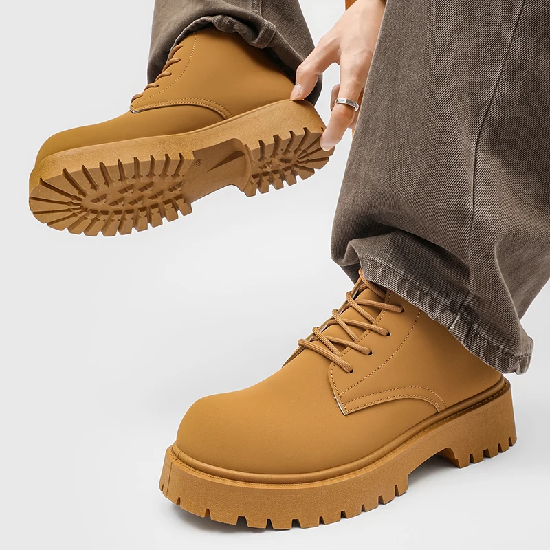 100%Genuine Leather Mens Boots Street Yellow Men's Biker Boots Fashion Design Motorcycle Boots British Casual Outdoor Ankle Boot view 5