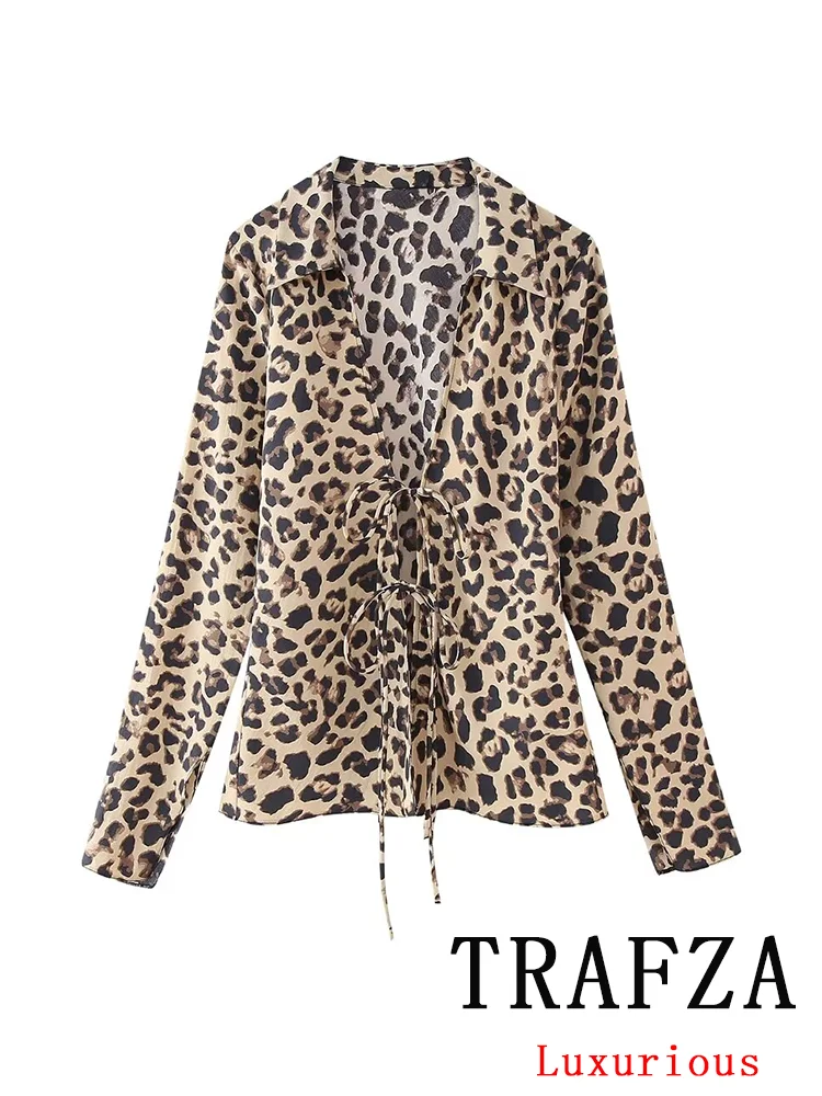 TRAFZA Vintage Casual Women Blouse Print Leopard Long Sleeve V Neck Lace-up Blouse Fashion 2024 Spring Summer Streetwear Shirts