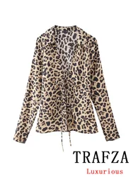 TRAFZA Vintage Casual Women Blouse Print Leopard Long Sleeve V Neck Lace-up Blouse Fashion 2024 Spring Summer Streetwear Shirts