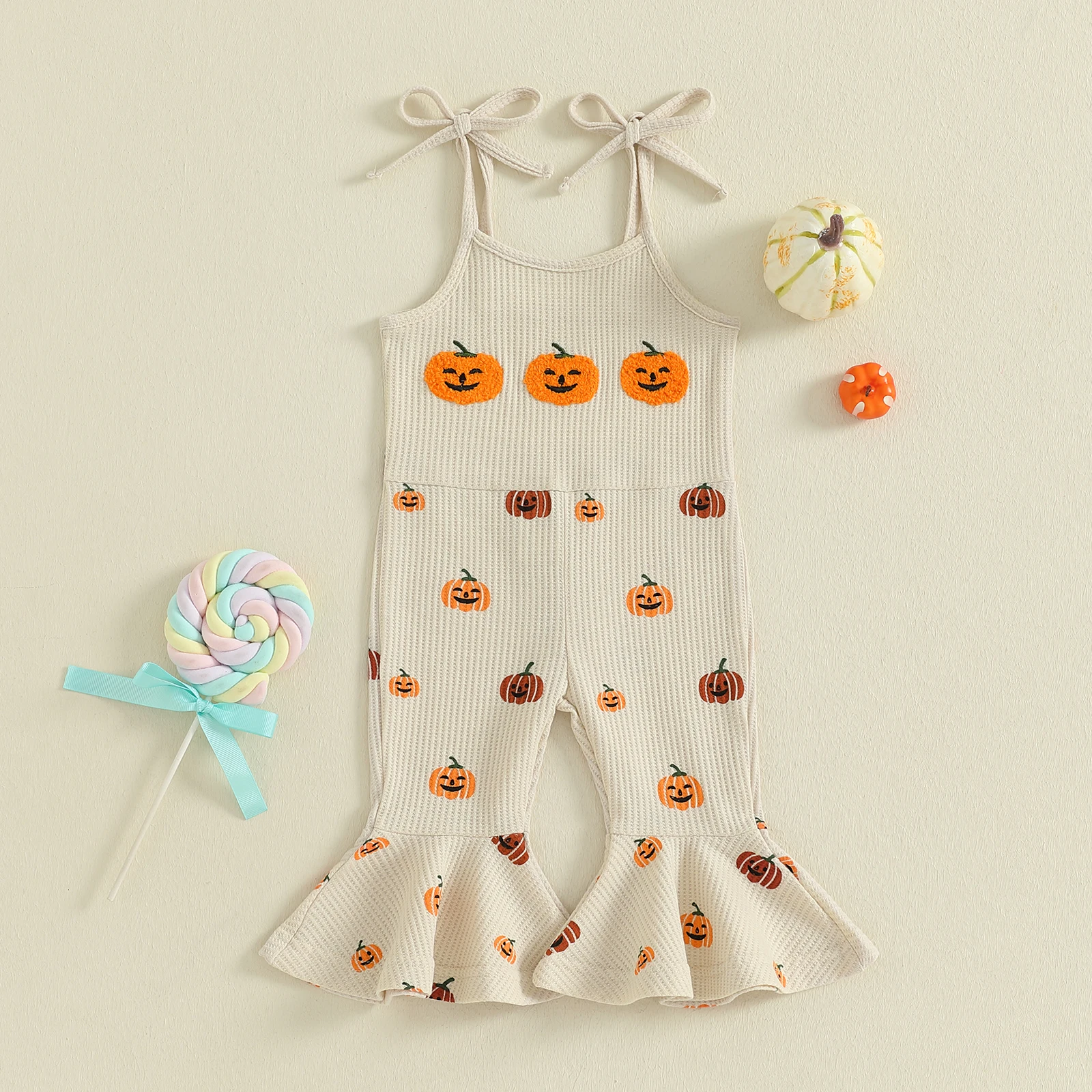 

Брюки-клеш на Хэллоуин для маленьких девочек, комбинезон с принтом тыквы, комбинезон без рукавов с завязками на бретельках и расклешенным низом