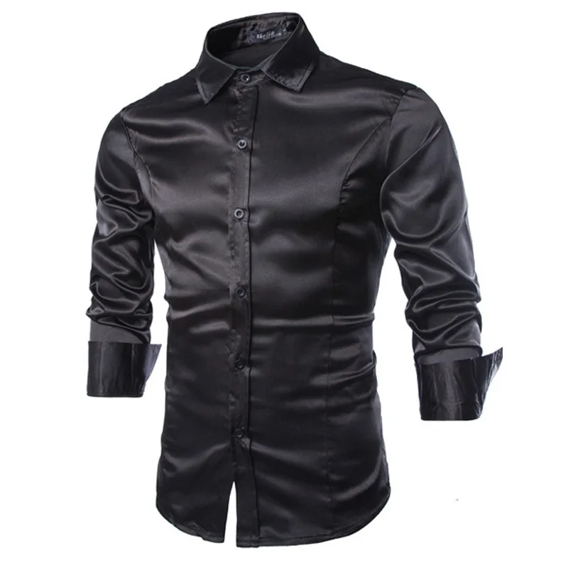 Camisas de vestir de satén negro para hombre, camisa de esmoquin suave de seda, ajustada, informal, para boda, fiesta, graduación