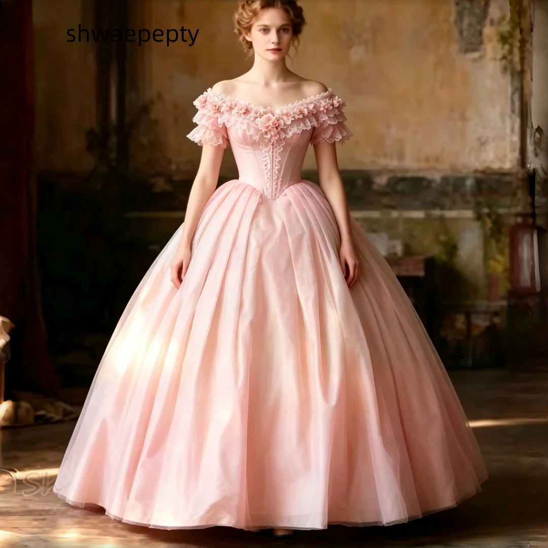 18th Victorian Prom Dress Blush Pink Off The Shoulder Ball Gown Corset Lace 3D Floral Vintage Princess Evening Gown Customized