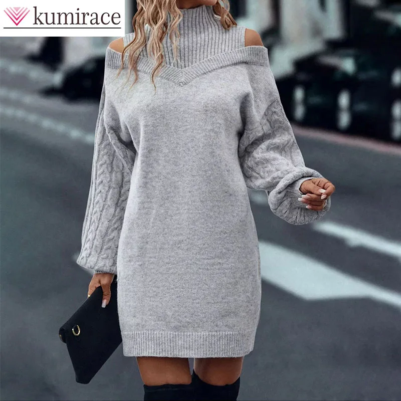 

Off Shoulder Loose Pullover Long Sweater for Women, Autumn/winter 2025 New Semi High Neck Long Sleeved Knitted Sweater Top