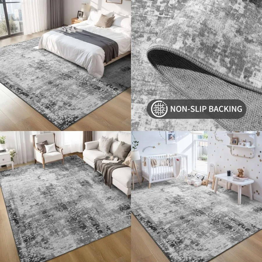 

Living Room Rug 6x9 Gray Area Rug Machine Washable Boho Carpet Non Slip Abstract Vintage Indoor Large Rugs for Bedroom, Classro