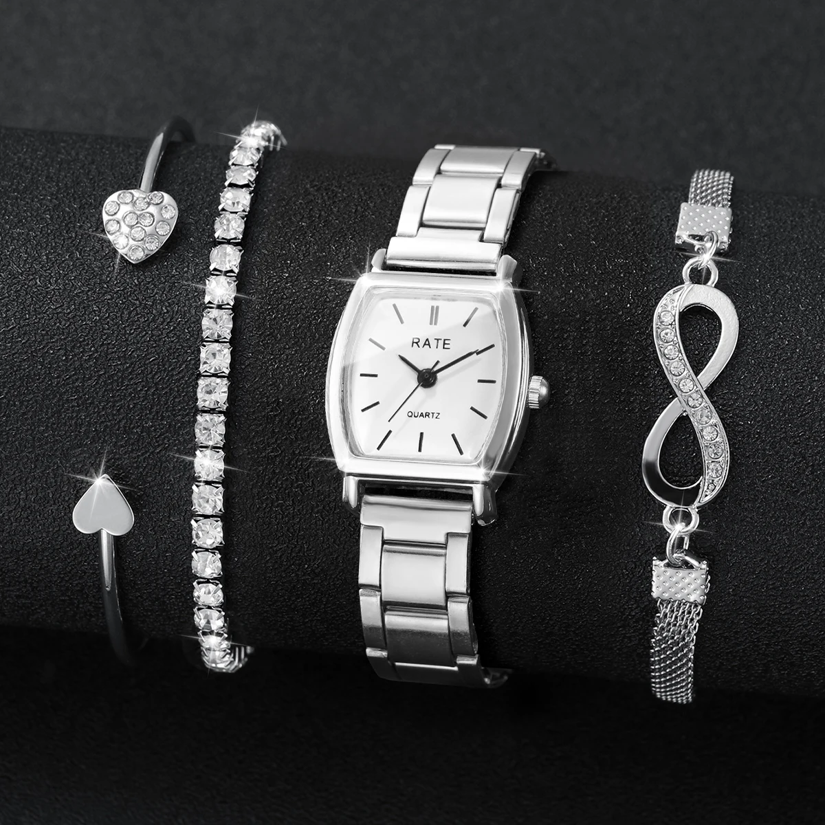 4PCS/Set Fashion Silvery Alloy Strap Women Watches Rhinestone Bracelets Set Ladies Quartz Wristwatch Reloj Mujer (Without Box)
