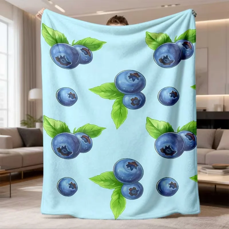 Light Sky Blue Blueberry Print Throw Blanket Soft Plush Warm Fruit Pattern Bed Sofa Cozy Blanket for Couch Bed Car