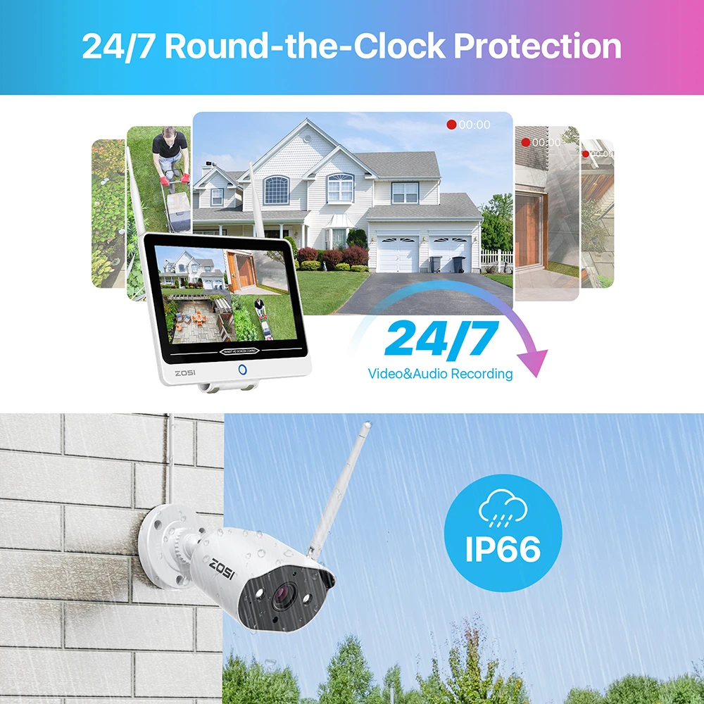 ZOSI 2K All in one Wireless CCTV Security Camera System with 12.5in LCD Monitor 3MP Outdoor Indoor Surveillance IP Cameras