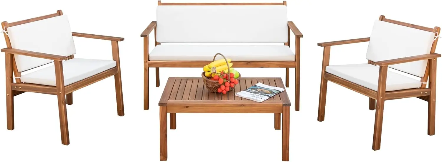 Patio Furniture Acacia Wood Outdoor Conversation Sofa Set with Table & Cushions Porch Chairs for Garden, Deck, Backyard, Beige