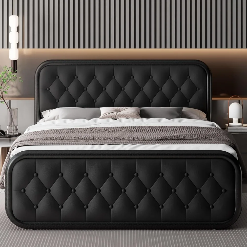 

Full Size Bed Frame with Faux Leather Headboard, Upholstered Platform Bed with Strong Metal Slats, Noise-Free, Easy Assembly