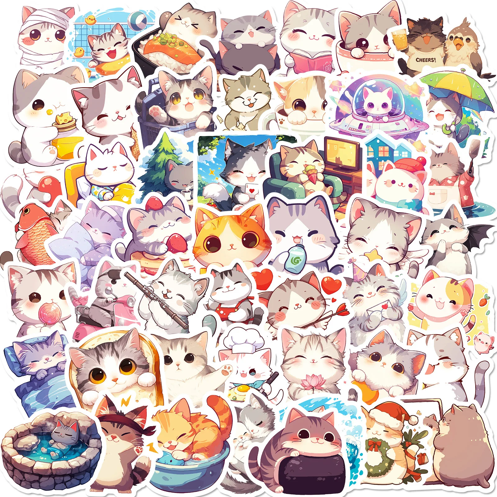 50pcs Daily Life of Cute Cats Cartoon Graffiti Stickers DIY Phone Guitar Laptop Notebook Suitcase Waterproof Sticker Kids Toy