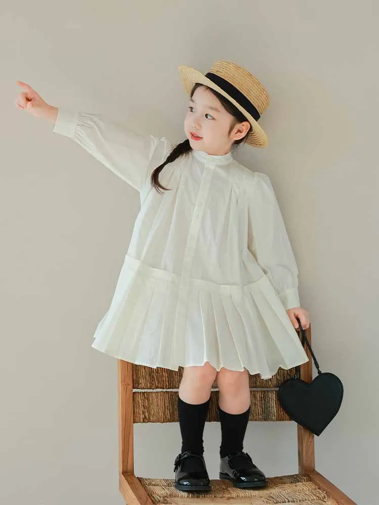 Hnq-Girls Dress Autumn New Stand Collar Pleated Long Sleeve Dress Children One Piece Dropshipping