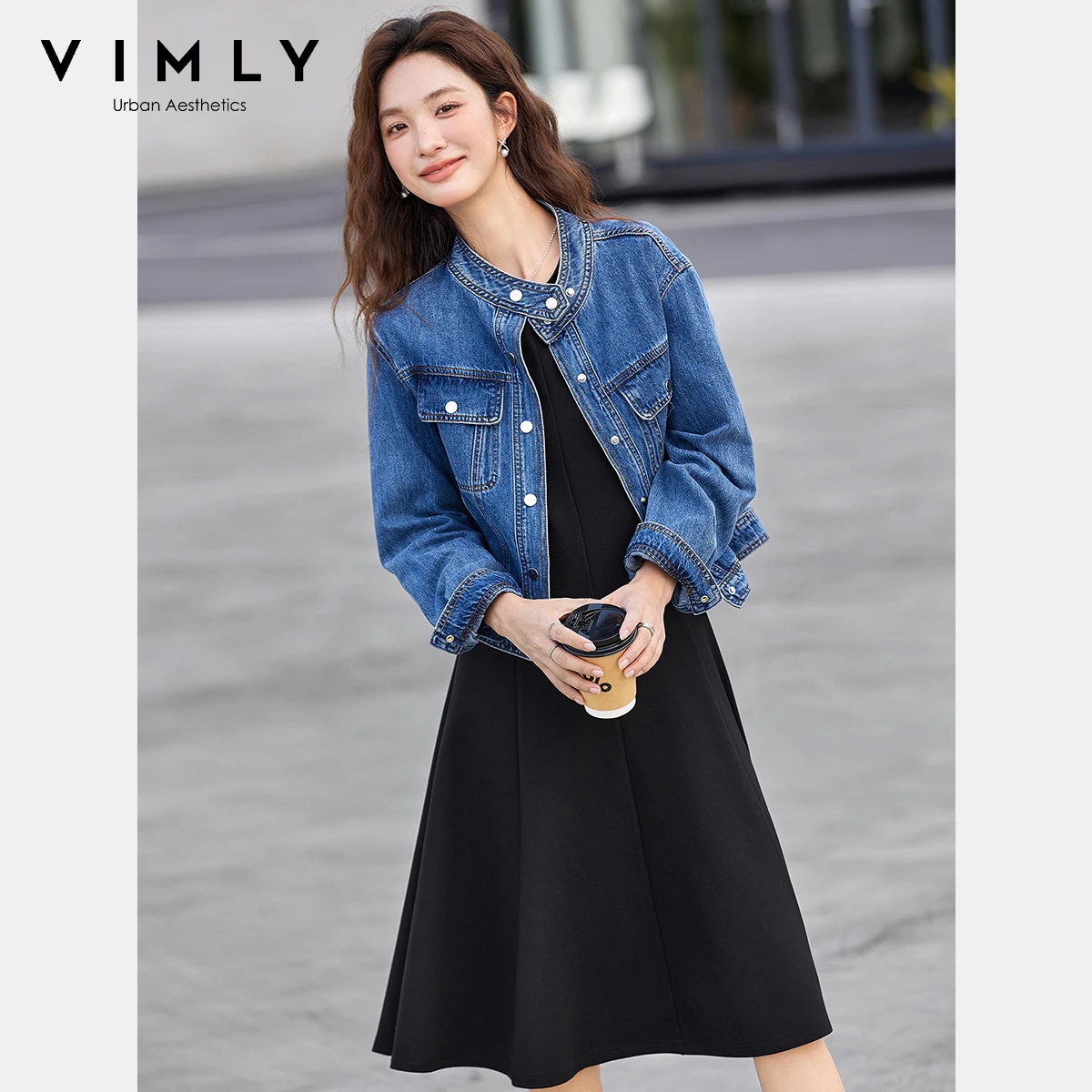 VIMLY Women's Denim Jacket Stand Neck Vintage Autumn 2025 Long Sleeve Button Pocket New in Coats & Jackets Ladies Clothing 75085