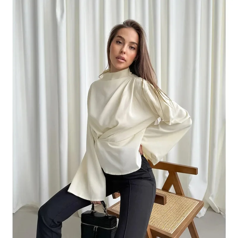 Chiffon Shirt For Women Fashion Pleated Long Sleeve Round Neck Pullover Casual Office Lady Elegant Blouse Stylish Tops For Work