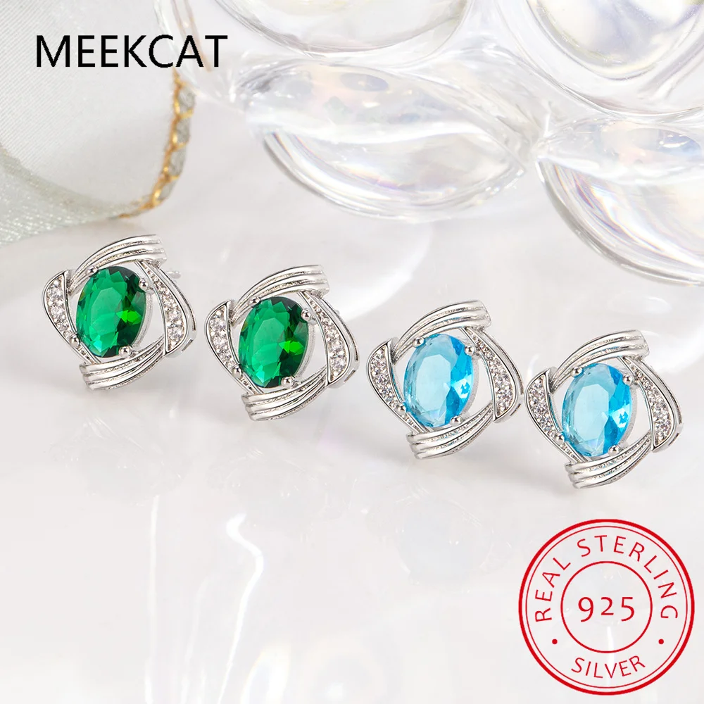 Oval Green Simulated Nano Emerald Blue Topaz 925 Sterling Silver Geometric Stud Earrings for Women Gemstone Statement Jewelry