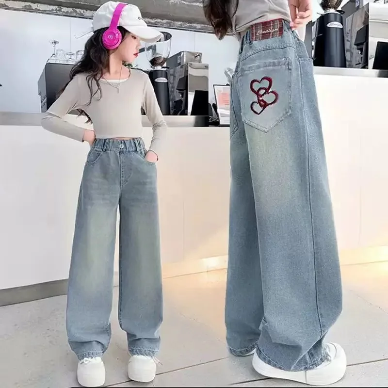 

Teenage Girls Wide-leg Jeans Children High Street Spring Autumn Fashion Kids Casual Denim Pants School Love Embroidery Trousers