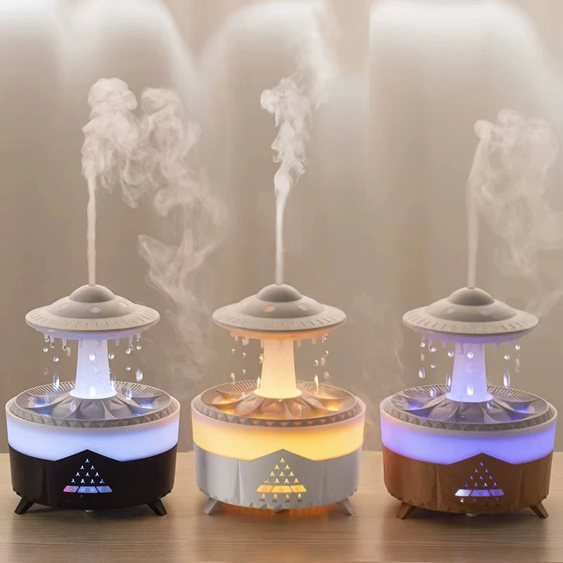 Cloud Rain Humidifier Water Drip 300ml Cloud Rain Aromatherapy Essential Oil Diffuser with UFO Design Raining Cloud Night Light