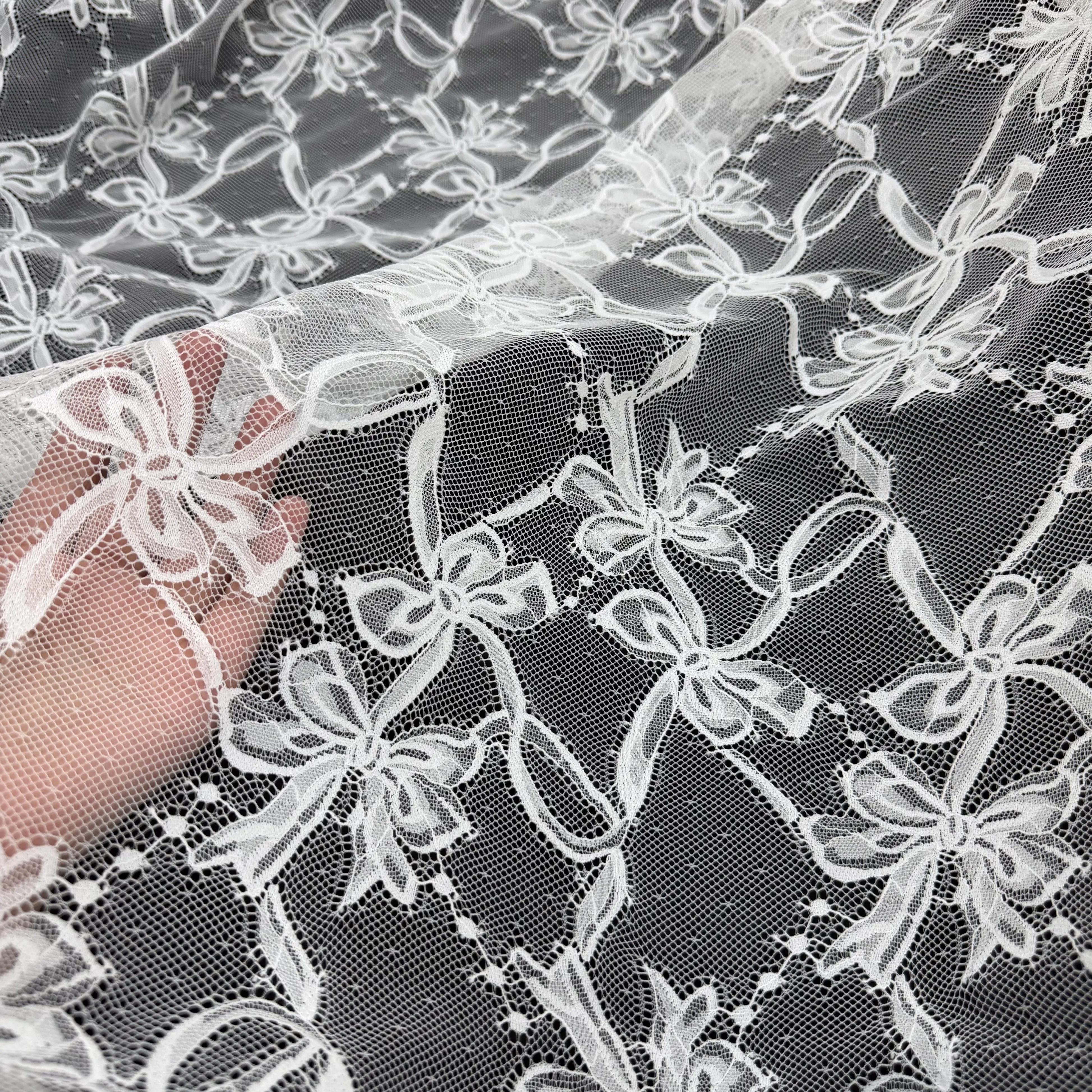 White Bow Lace Gauze Cloth Draping Fabric for Wedding Dress Formal Handmade DIY Door Curtain Fabric