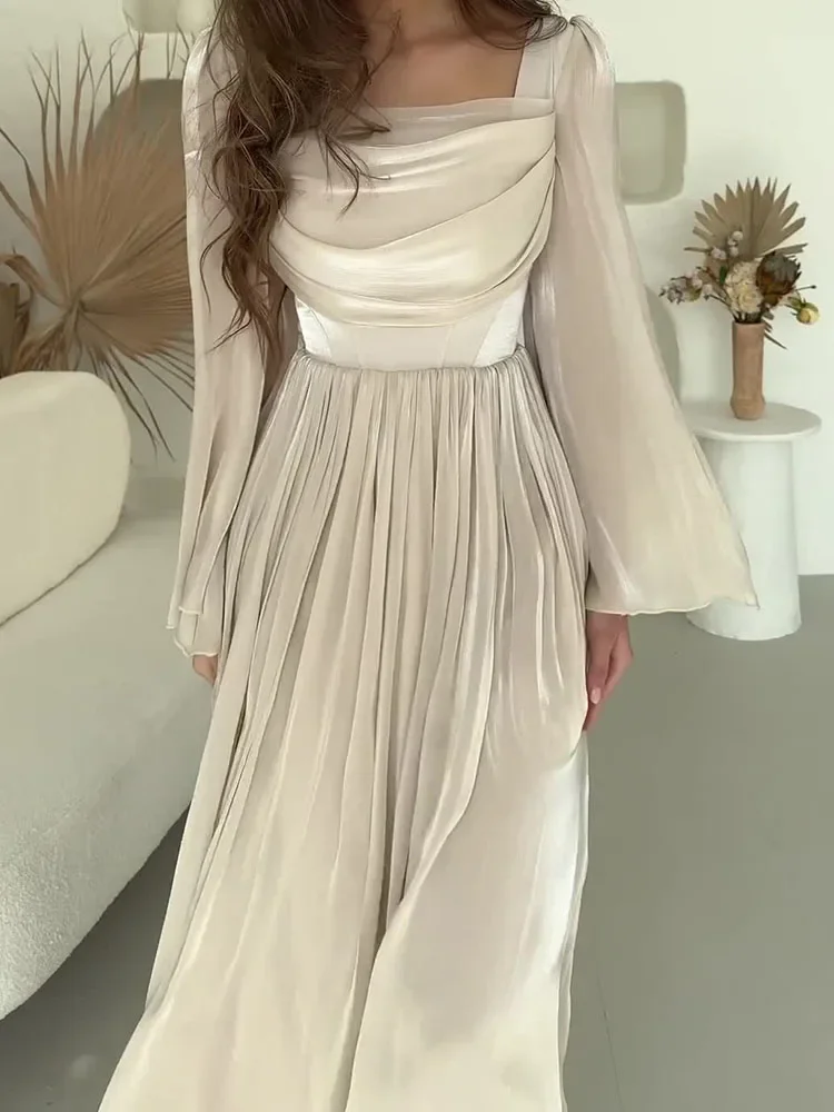 Elegant Satin Pleated Long Dress Women Summer Fashion Solid Color Sexy Slim Long Sleeve Party Dinner Dress Long Dress 2024