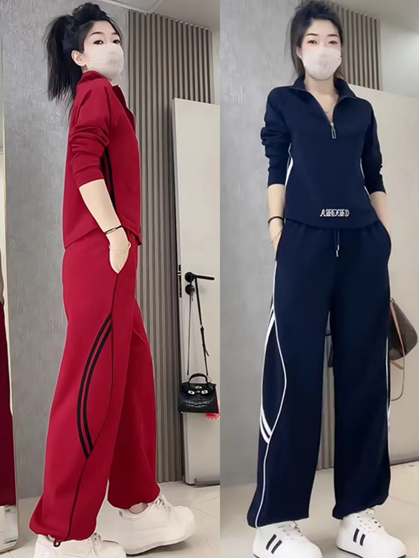 Faionable Casual Women's Set Autumn New Sle Youthful Stand Collar Zipper Top Wide Leg Pants Two Piece Set Ele Commute...